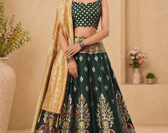 Green Banarasi Silk Lehenga Choli Set, Yellow Dupatta, Indian Wedding Bridal Wear