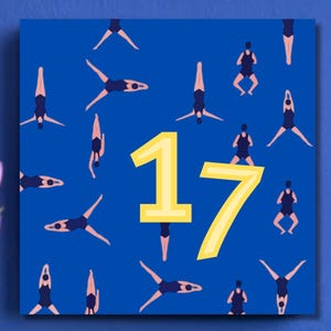 May include: A blue square wall art print with a pattern of swimmers in different poses. The number 17 is in yellow. The text at the bottom says "Add your house number and personalise your tile."
