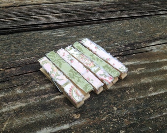 Shabby Ragged Frayed Fabric Pink and Green Decorative Wooden Clothespins - Set of 6