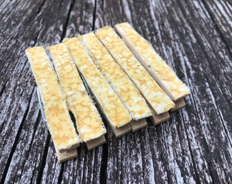 Shabby Ragged Frayed Fabric Yellow Decorative Wooden Clothespins - Set of 6