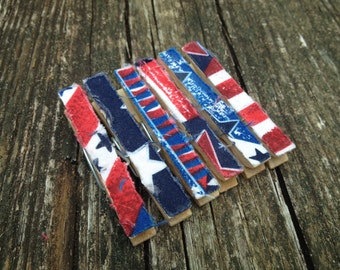 Shabby Ragged Frayed Fabric Red White Blue Flag Decorative 4th of July Wooden Clothespins - Set of 6