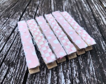 Shabby Ragged Frayed Fabric Pink and White Decorative Wooden Clothespins - Set of 6