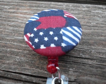 Patriotic Stars and Stripes Fabric Covered Button Retractable Badge Reel Holder