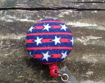 Patriotic Stars and Stripes Sparkle Fabric Covered Button Retractable Badge Reel Holder