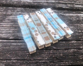 Baby Boy Blue and Brown Shabby Ragged Frayed Fabric Decorative Wooden Clothespins - Set of 6