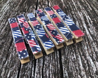 Shabby Ragged Frayed Fabric Flag Decorative Wooden Clothespins - Set of 6