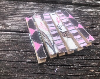 Baby Girl Pink Brown Shabby Ragged Frayed Fabric Decorative Wooden Clothespins - Set of 6