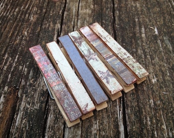 Red White Blue Decorative 4th of July Paper Wooden Clothespins - Set of 6 Aged/Distressed Look