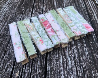 Shabby Ragged Frayed Fabric Pink and Green Decorative Wooden Clothespins - Set of 10