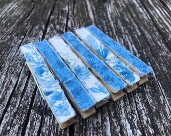 Shabby Ragged Frayed Fabric Blue and White Roses Decorative Wooden Clothespins - Set of 6