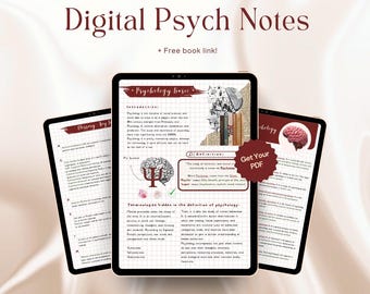 May include: Digital Psych Notes for A Levels, presented on three tablets. The central tablet displays "Psychology basic" notes with diagrams and text. The other tablets show additional notes. Includes a free book link and a "Get Your PDF" button.