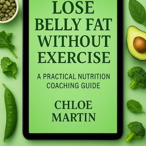 May include: A digital tablet displays the text "LOSE BELLY FAT WITHOUT EXERCISE" with the subtitle "A PRACTICAL NUTRITION COACHING GUIDE" by Chloe Martin. The image is surrounded by fresh green vegetables and a halved avocado.