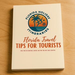 Może przedstawiać: Kremowa książka zatytułowana "Florida Travel Tips for Tourists" z logo przedstawiającym palmę i zachód słońca. Okładka książki zawiera również tekst "Make your trip smoother, smarter, and more fun with these essentials."
