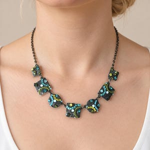 Vintage 1990 Axelle Creation-Marked Cyan and Lime Seven-Panel Statement Necklace