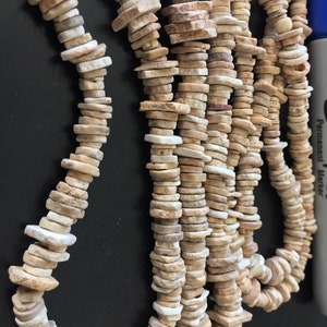 May include: A strand of beige and white shell beads, stacked and arranged in a circular pattern. The beads are flat and oval-shaped, with a rough, natural texture.