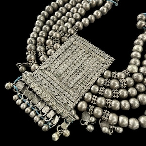 Yemeni Silver Multi-Strand Traditional Beaded Bridal Necklace with Rectangular Focal Pendant - Rita Okrent Collection (C981)