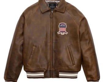 Men’s Iconic Avirex Brown Leather Jacket | American Bomber Jacket | Vintage Style Gift for Him
