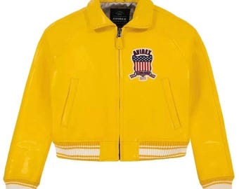 Women’s Avirex Yellow Cropped Leather Moto Jacket – Genuine Cowhide  Leather Biker Style