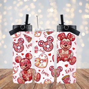 May include: A set of three insulated tumblers with black lids and straws. The tumblers feature a repeating pattern of donuts, pizza, hearts, and a Minnie Mouse character with heart-shaped sunglasses. The word "Love" and "XOXO" are also included.