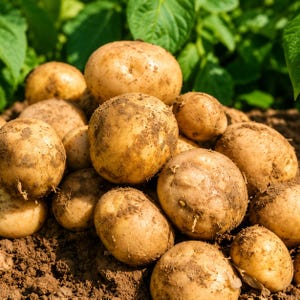 May include: A pile of freshly harvested, round, light brown potatoes with visible patches of dark soil clinging to their skins. The potatoes vary in size and are clustered together, showcasing their natural, earthy texture and organic shape.