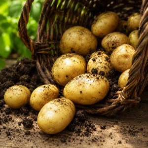 May include: A dark brown woven wicker basket tipped on its side, spilling fresh, light yellow potatoes covered in dark soil. The potatoes are round and oval-shaped, with some resting inside the basket and others scattered on the wooden surface.