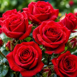May include: A cluster of vibrant red roses in full bloom, featuring tightly layered petals with delicate water droplets visible on the surface. The arrangement includes several open blossoms and small green buds, showcasing deep crimson hues and soft textures.