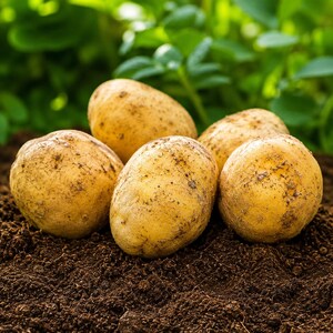 May include: A cluster of five raw, unwashed potatoes with light tan, textured skin and small dark soil patches, resting directly on a bed of dark brown, loose garden soil with green foliage visible in the blurred background.