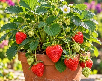 May include: A potted strawberry plant in a terracotta pot featuring vibrant green leaves, white flowers with yellow centers, and several ripening red strawberries alongside smaller, pale green, unripe berries.