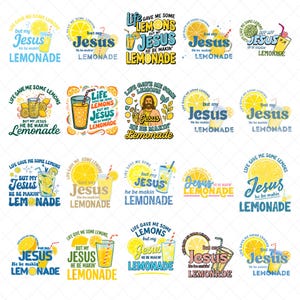 Può includere: Una collezione di grafiche colorate con la scritta "Life gave me some lemons but my Jesus he be makin' lemonade." Ogni design include limoni, limonata e la parola "Jesus."