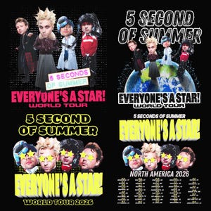 May include: Black t-shirts with graphics of the band 5 Seconds of Summer. The designs include the text "5 Seconds of Summer", "Everyone's a Star! World Tour", and "North America 2026", along with images of the band.