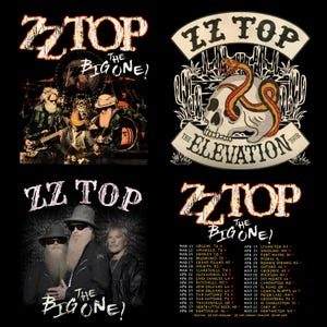 Puede incluir: Gráfico negro con imágenes de la banda ZZ Top. Incluye una foto de la banda, una calavera con una serpiente y fechas de la gira. También se muestra el texto "The Big One!" y "The Elevation Tour".