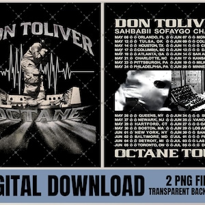 May include: A black and white digital download featuring a concert poster for Don Toliver's Octane Tour. The poster includes tour dates and locations, along with a graphic of a person and the word "Octane".
