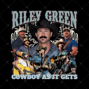 Puede incluir: Gráfico negro con el texto "RILEY GREEN" en azul claro y "COWBOY AS IT GETS" debajo. La imagen muestra a un hombre con sombrero de vaquero tocando la guitarra, rodeado de otras imágenes de él.