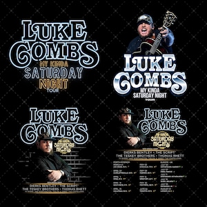 Könnte beinhalten: Ein schwarzes Werbeplakat für die "Luke Combs: My Kinda Saturday Night Tour". Es zeigt den Namen des Künstlers in einer großen, stilisierten Schriftart, Tourdaten und weitere Künstler.