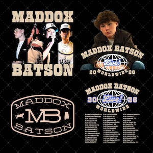 May include: Black graphic design featuring the text "MADDOX BATSON" in a vintage font. The image includes a photo of a person and a list of tour dates. The design also includes the text "Live! 20 WORLDWIDE 26".