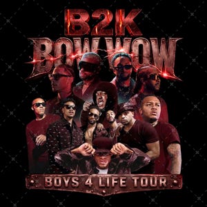 Pode incluir: Uma imagem promocional para a turnê B2K e Bow Wow Boys 4 Life. A imagem apresenta uma colagem dos artistas com o nome da turnê em texto grande e estilizado na parte superior. As palavras "Boys 4 Life Tour" estão na parte inferior.