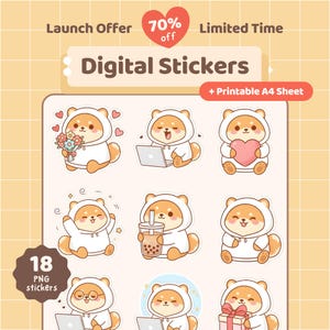 May include: A collection of 18 digital stickers featuring a Shiba Inu dog in a white hoodie. The stickers include the dog with flowers, a laptop, a heart, and a gift. The image has text that says "Digital Stickers" and "Launch Offer 70% off".