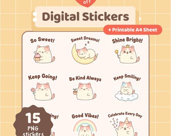 May include: Digital stickers featuring cute cat illustrations with phrases like "So Sweet!" and "Good Vibes!" The image includes a "Launch Offer" and "70% off" promotion. The stickers are available as printable A4 sheets.