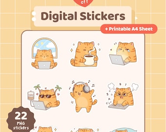 May include: A collection of 22 digital stickers featuring orange tabby cats in various poses. The stickers include cats using laptops, drinking coffee, and wearing headphones. The image also includes the text "Digital Stickers" and "Launch Offer 70% off".