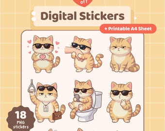 May include: A collection of digital stickers featuring cartoon cats wearing sunglasses in various poses. The image includes text that reads "Launch Offer 70% off Limited Time Digital Stickers + Printable A4 Sheet 18 PNG stickers."