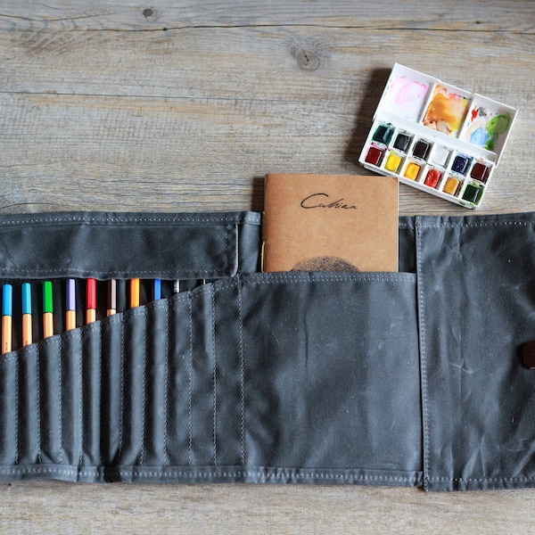 Pencil case roll up in waxed canvas, a5 sketchbook cover,  personalised gift for him, pencil roll case, travel pouch, pen case roll up