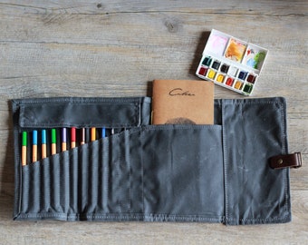 Pencil case roll up in waxed canvas, a5 sketchbook cover,  personalised gift for him, pencil roll case, travel pouch, pen case roll up