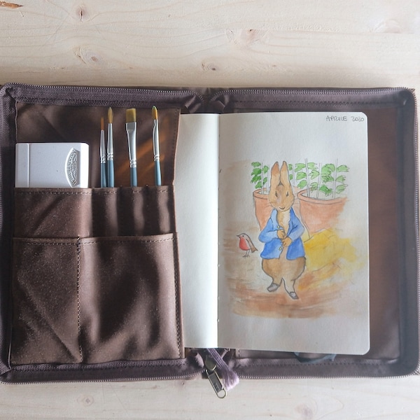 A5 sketchbook cover in waxed canvas, pencil wrap case, traveler notebook cover, traveler case, gift for artist