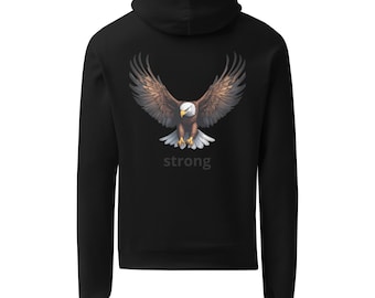 May include: Black hoodie featuring a detailed illustration of an eagle with outstretched wings. The eagle has brown and white feathers, a yellow beak, and a white head. The word "strong" is printed in white below the eagle.