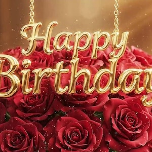 May include: A bouquet of deep red roses with a gold "Happy Birthday" pendant hanging above. The gold lettering is in a cursive font. The background is a warm, blurred gradient with sparkling accents.