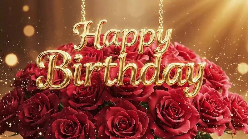 May include: A bouquet of deep red roses with a gold "Happy Birthday" pendant hanging above. The gold lettering is in a cursive font. The background is a warm, blurred gradient with sparkling accents.