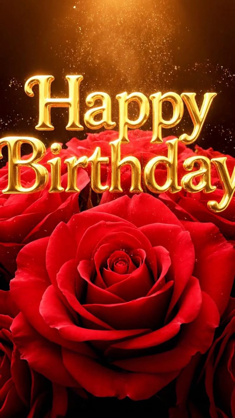 May include: A close-up of a bouquet of vibrant red roses. The words "Happy Birthday" are displayed in gold, three-dimensional lettering above the flowers. The background is dark with golden sparkles.