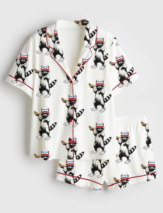 Women’s Red White And Feral Funny Raccoon USA Pajama Set, Christmas Sleepwear Raccoon Gifts Nightwear PJS, Pajama Set For Women