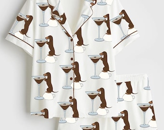 Dachshund Teeni Weeni Pajama Espresso Martini Satin Pajama Set, Christmas Sleepwear Gifts For Her Dog, Nightwear Pajama Dachshund