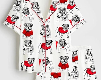 Bulldogs Football Satin Pajama Set, Women’s Satin Pajamas, Bulldogs Football Satin Nightwear, Pajama Pants For Her